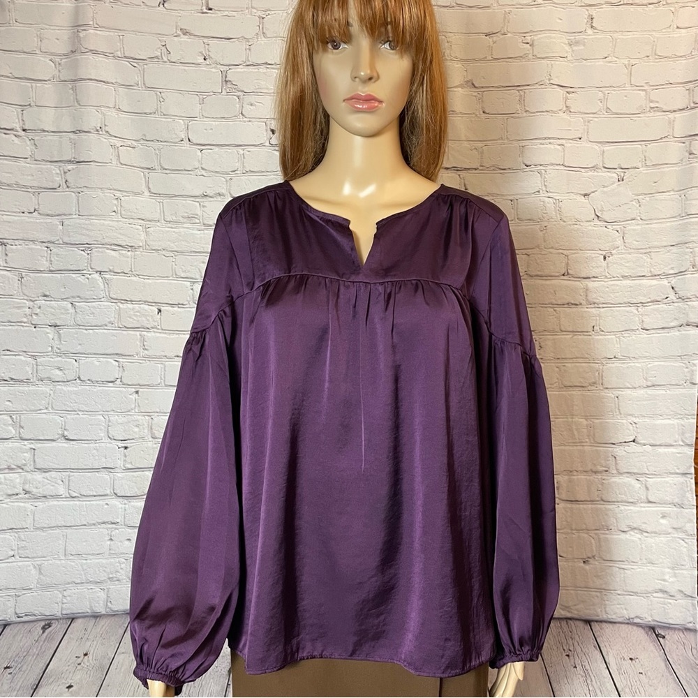 Vince Camuto V-Neck Satin Purple Puff Sleeve Blouse Size L